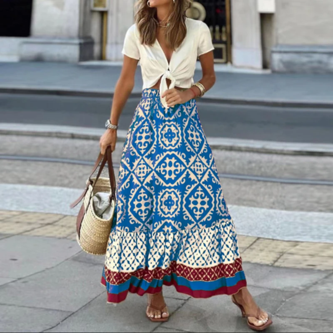 Maxi Skirt Women – A-Line Fit – Geometric Pattern – Layered Hem – Natural Fiber