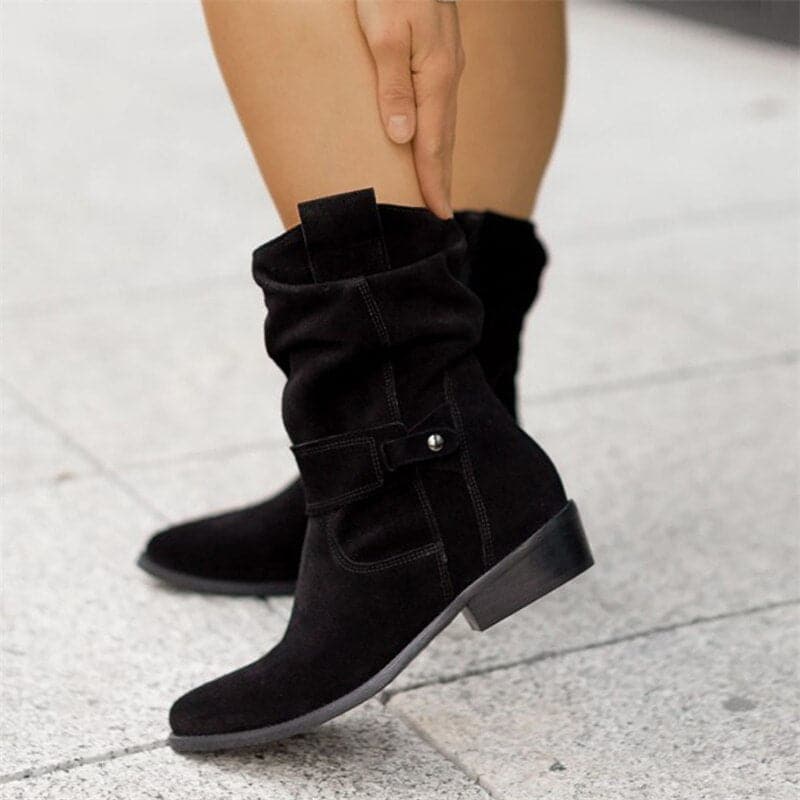 Dame Slouch Støvler - Semsket Skinn - Lav Blokkhæl - Slip-On Komfort