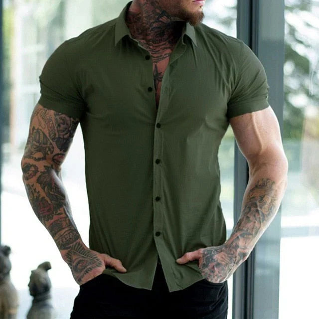 Men's Shirt with Short Sleeves – Slim Fit – Stretch Fabric – Button Closure – Everyday Use