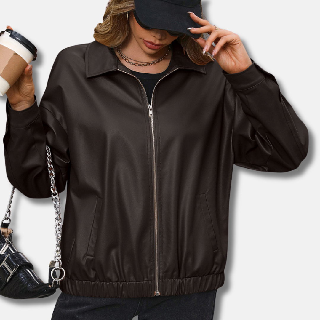 Women's Biker Jacket – PU Leather – Relaxed Fit – Short Length – Zipper – Snap Buttons