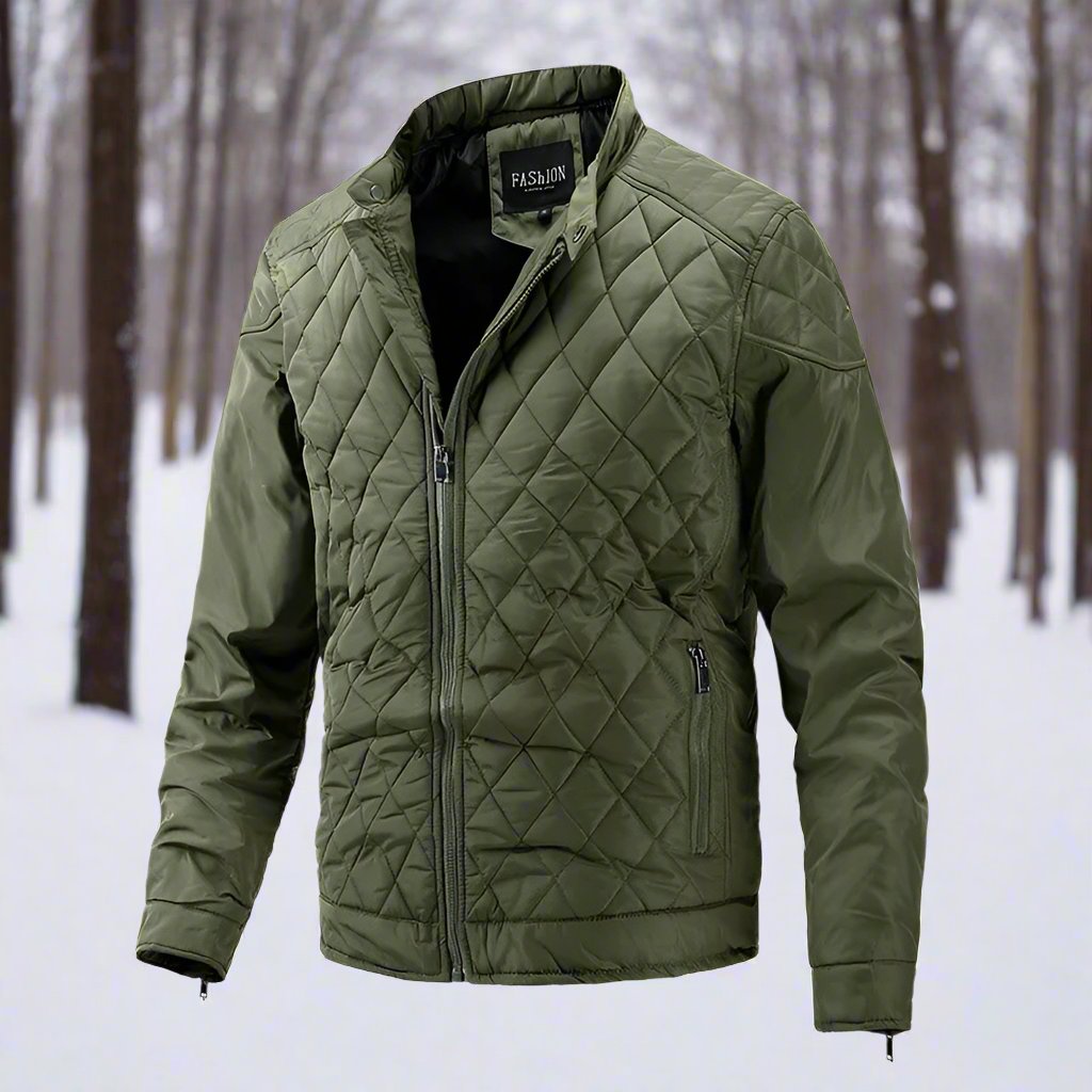 Men's Padded Jacket - Diamond Quilted - Stand Collar - Zipper Closure - Slim Fit