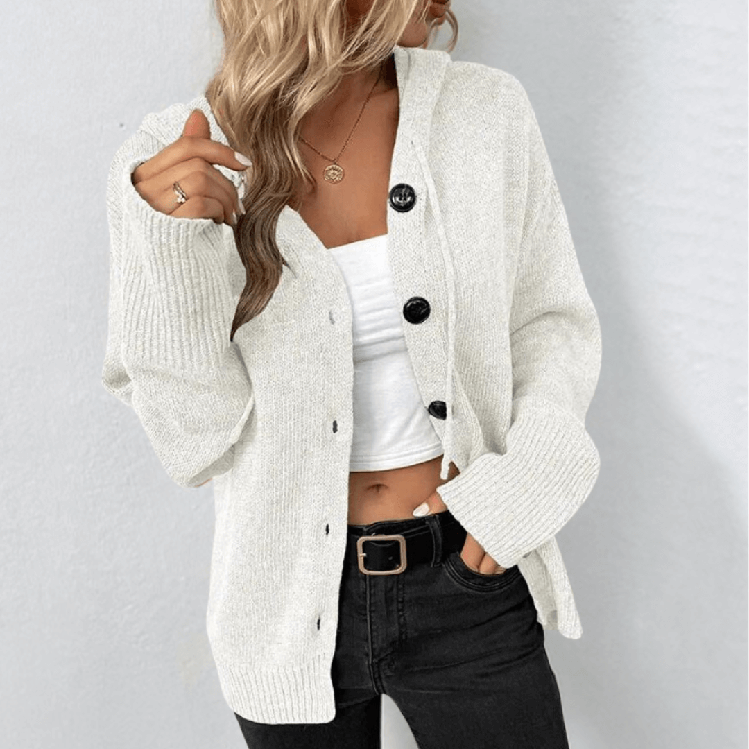 Women's Cardigan – Soft Knit – Oversized Fit – Button Closure – Hood – Ribbed Edges
