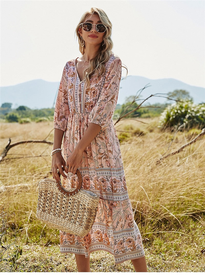 Women's Dress Midi – Relaxed Fit – V-Neck – Floral Print – Breathable Fabric