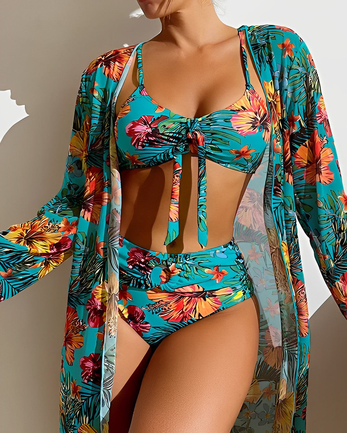 Women's Bikini Set – Bow Top – High Waist – Long Transparent Cover-Up