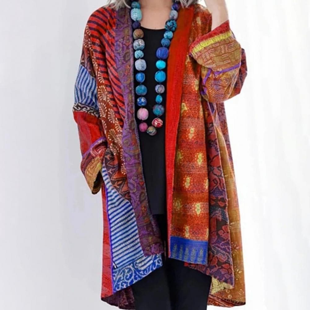 Women's Kimono Jacket – Bohemian Patchwork Design – Light and Airy – Long-Sleeved Open Front