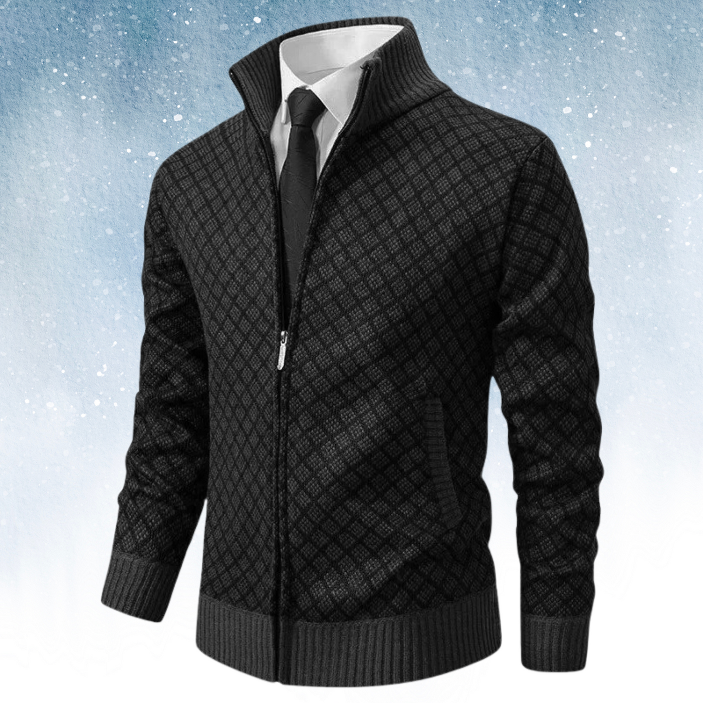 Men's Knitted Cardigan - Zipper - High Collar - Modern Check Pattern - Comfortable Fit