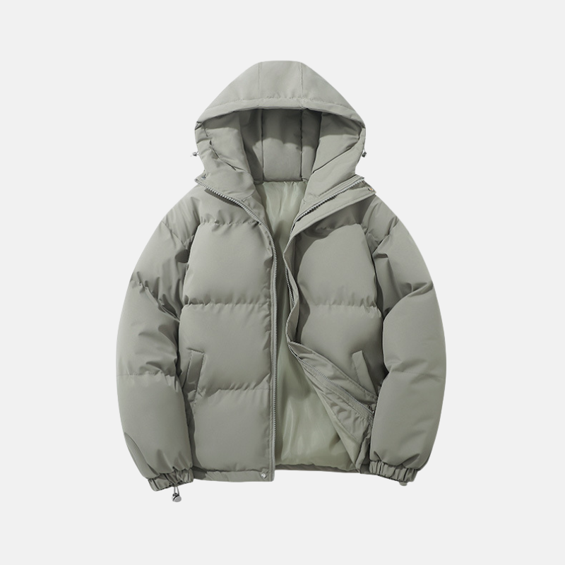Men’s Puffer Coat - Woven Synthetic - Relaxed Fit - Hip Length - Padded Hood