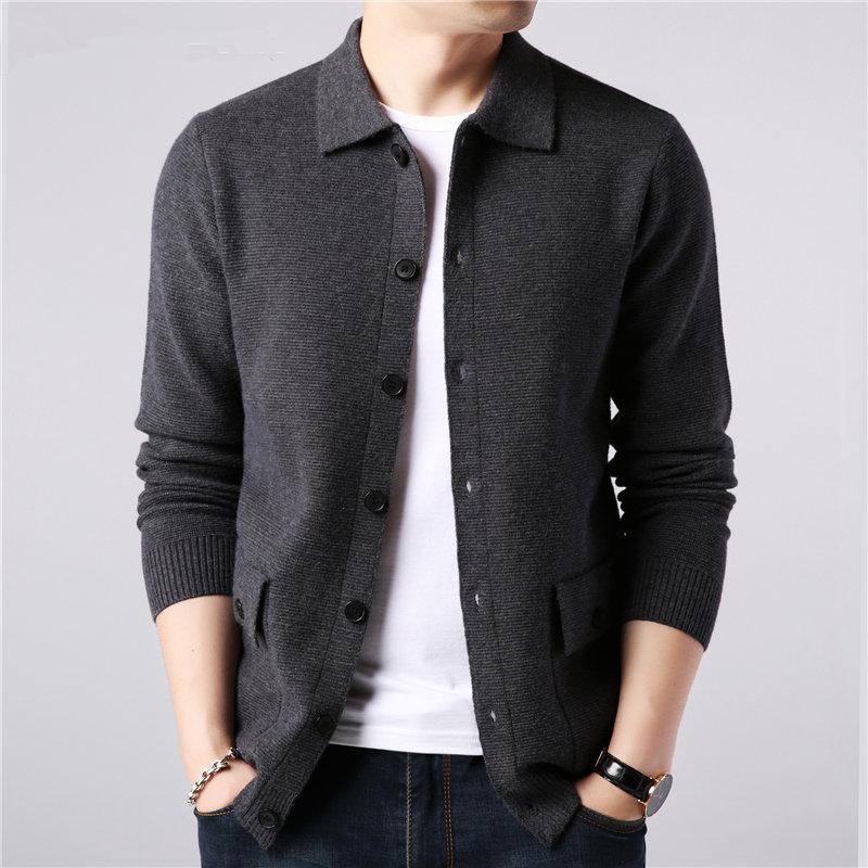 Men's Cardigan - Knitted Wool Blend - Slim Fit - Button Placket & Collar - Pockets