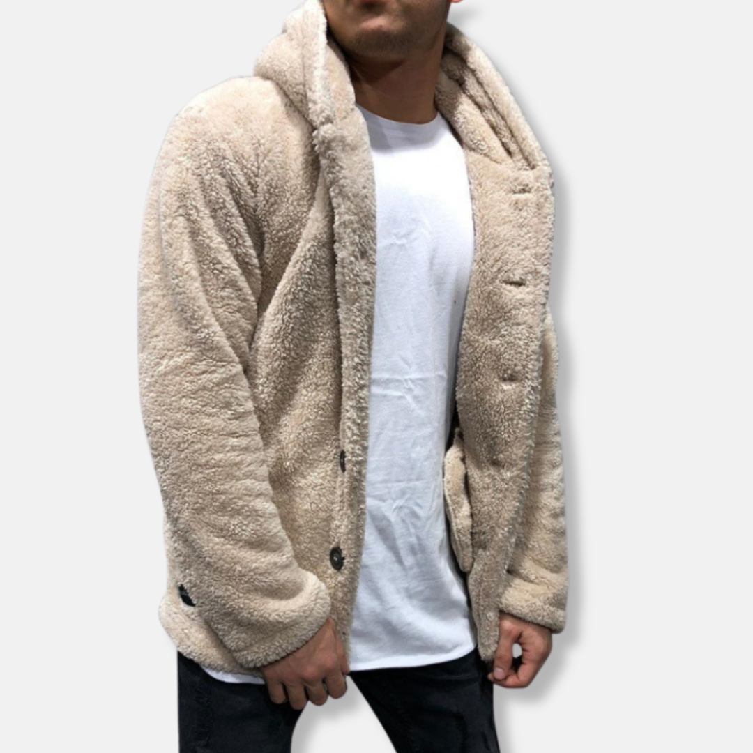 Men's Jacket with Hood – Fleece – Relaxed Fit – Button Closure – Casual Style