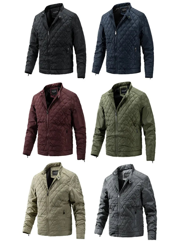 Men's Padded Jacket - Diamond Quilted - Stand Collar - Zipper Closure - Slim Fit