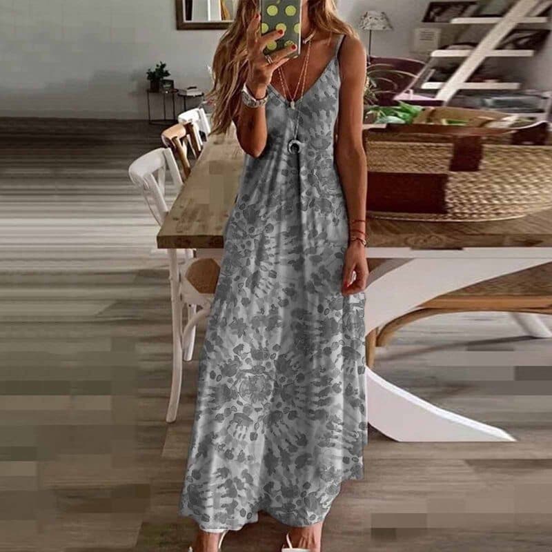 Maxi Dress for Women – V-Neck – Thin Straps – Flowing Fit – Bohemian Tie-Dye