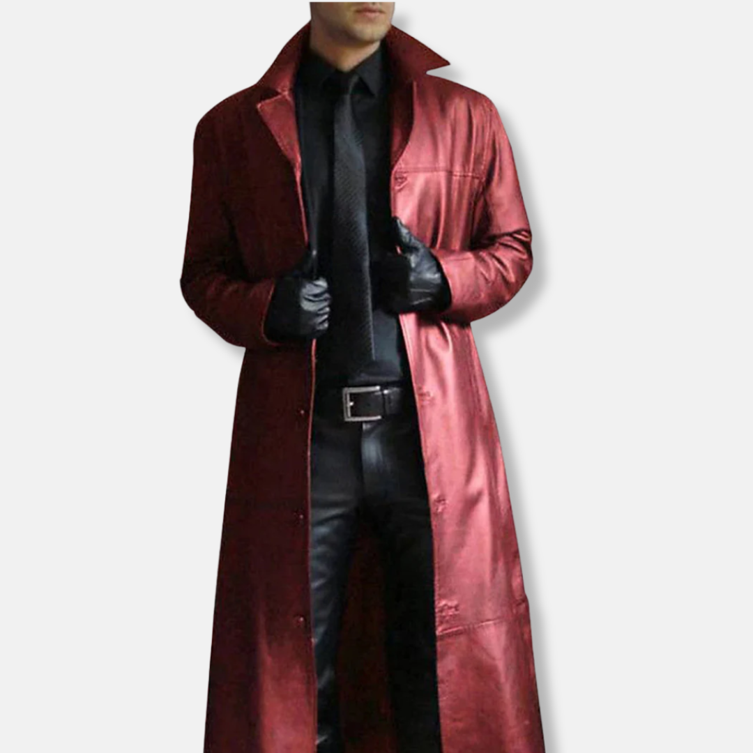 Men's Long Coat – Tailored Fit – Smooth Leather Look – Formal Button Closure