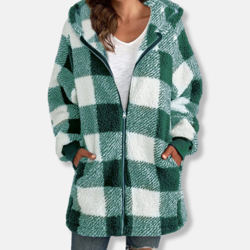 Women's Hoodie – Oversized Fit – Checkered Pattern – Soft Knit – Full Zipper