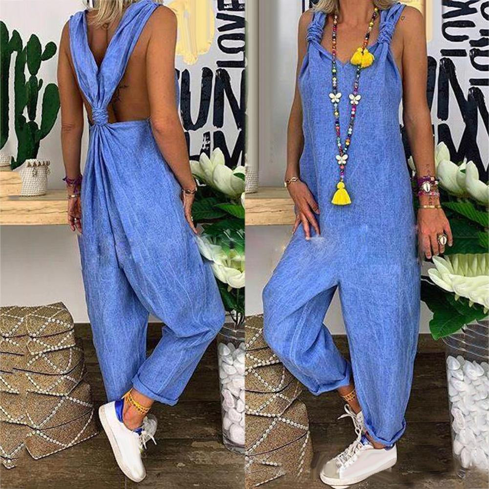 Women's Jumpsuit – Airy Cotton – Loose Fit – Ankle Length with Open Back