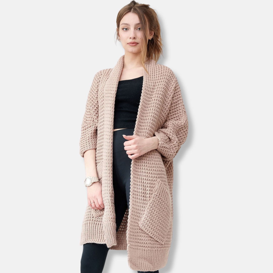 Women's Coat – Oversized Fit – Open Front – Chunky Knit Wool Blend – Pockets