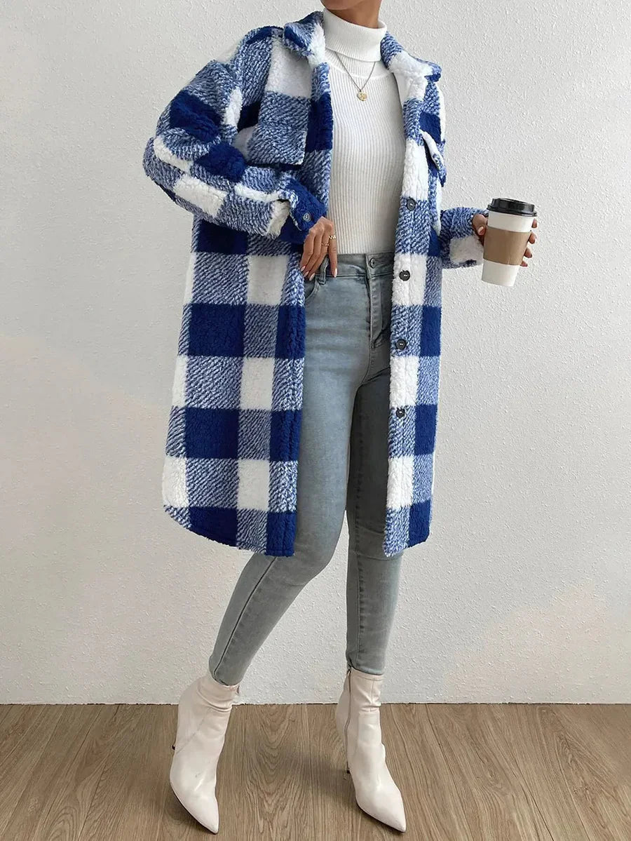 Women's Coat – Teddy Fleece – Oversized Fit – Checkered Pattern – Mid-Length