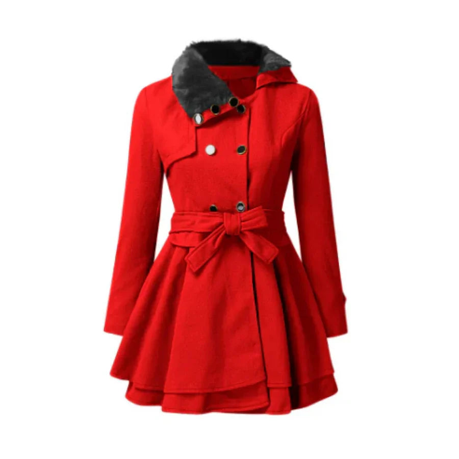 Women's Coat – Wool Blend – Flattering A-line – Faux Fur Collar – Tie Belt