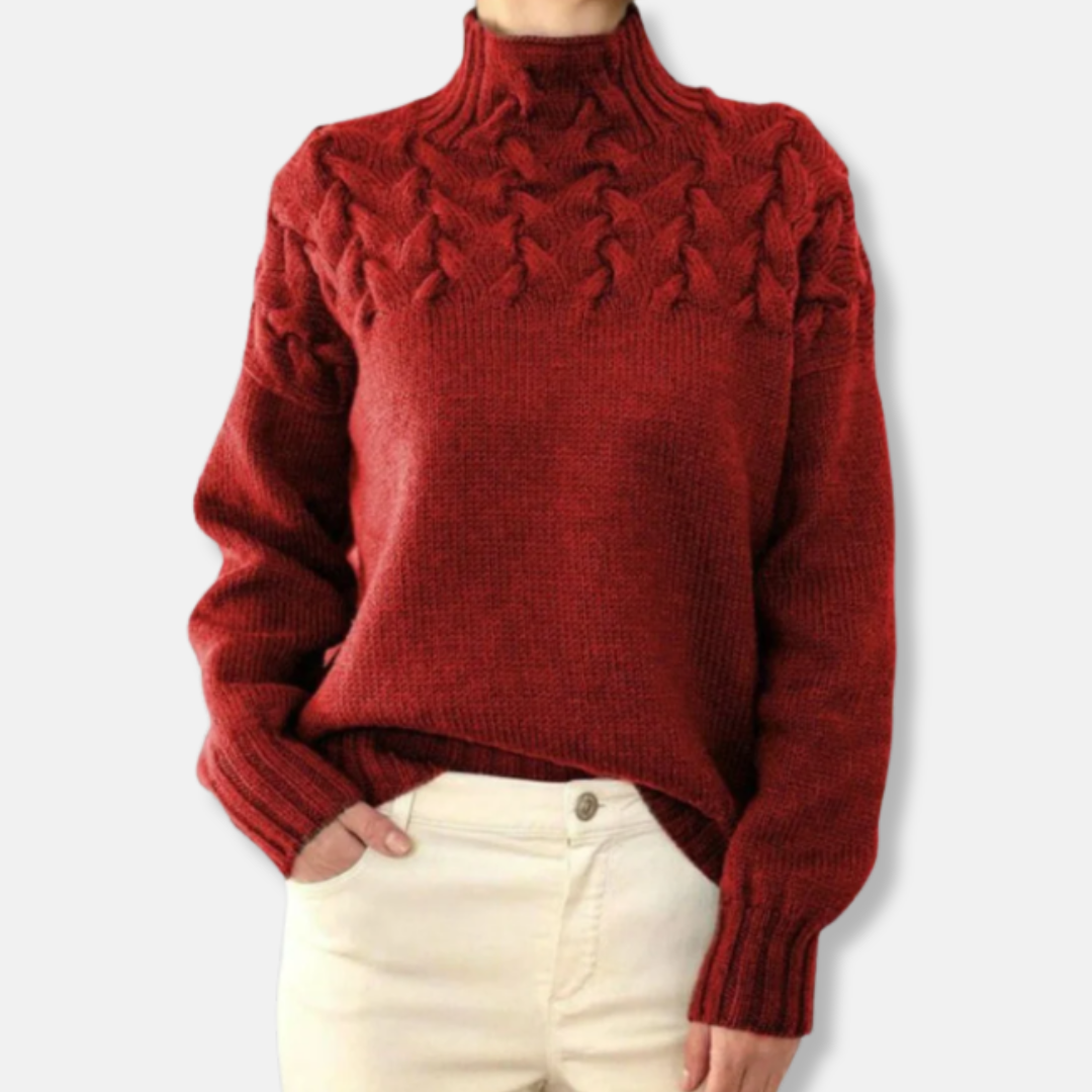 Rose Wool High Neck Sweater | Cable Knit Relaxed Fit Sweater