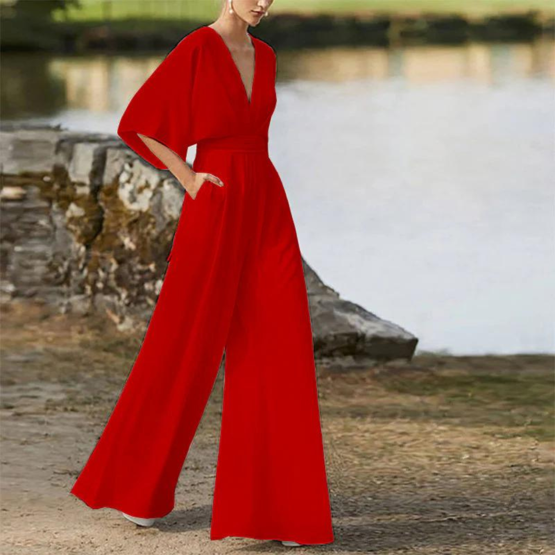 Women's Jumpsuit – Relaxed Fit – Deep V-neck – Wide Legs – Breathable Blend