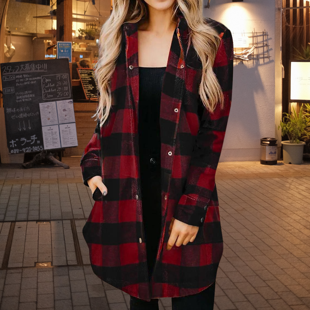 Dame Skjortejakke - Rutete Flanell - Oversized Passform - Lange Ermer - Knappelukking