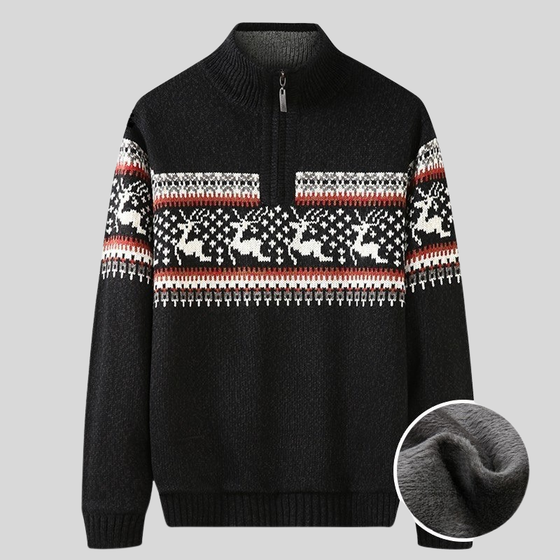 Men's Nordic Knit Sweater – Half Zip with High Collar – Warm Plush Lining