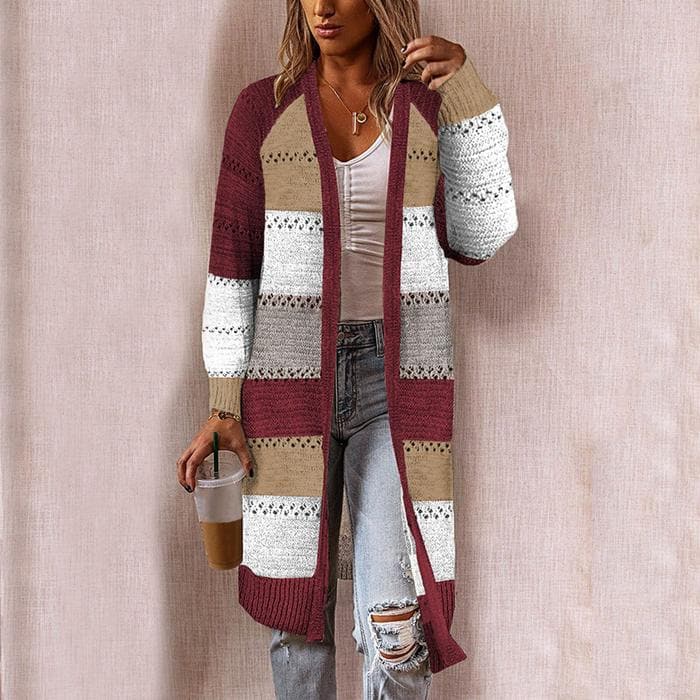 Women's Knitted Cardigan - Long Open Front - Textured Pattern - Ribbed Cuffs