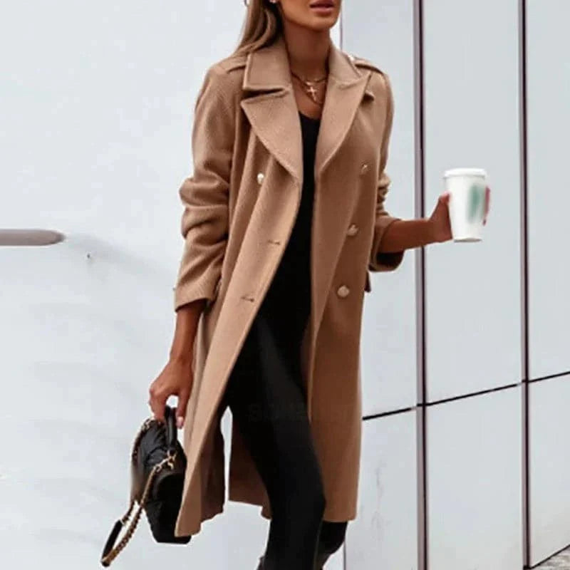 Women's Coat - Double-Breasted - Long and Elegant - Wide Collar - Structured Fit