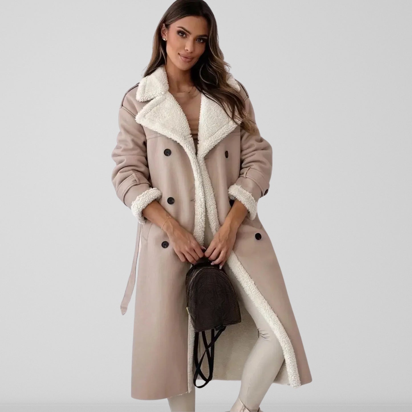 Women’s Coat - Faux Leather - Oversized Fit - Midi Length - Double Breasted - Shearling Lined