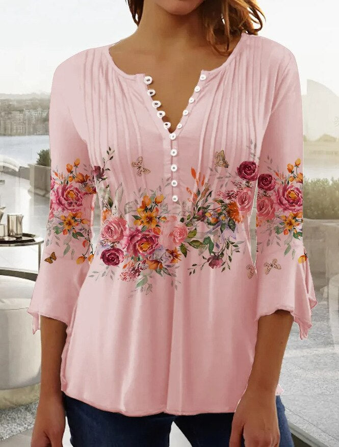 Women's Blouse – Relaxed Fit – V-neck – 3/4 Sleeves – Breathable Fabric – Floral Print