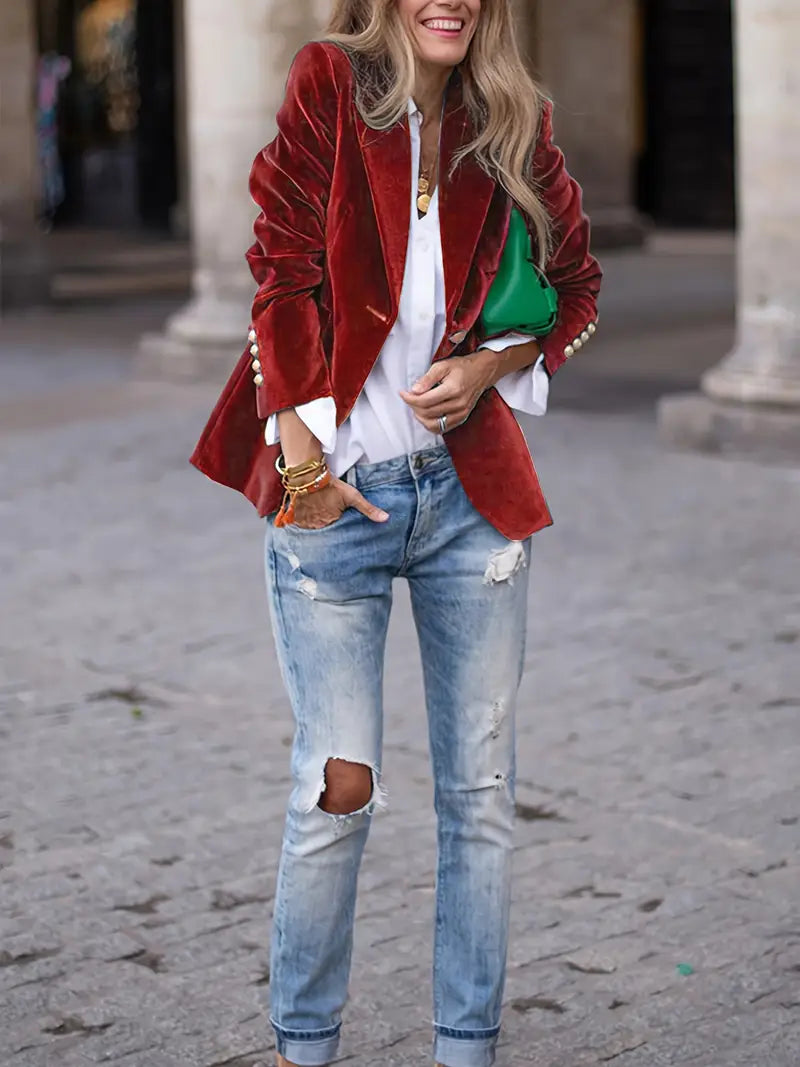 Women's Blazer – Tailored Fit – Velvet Texture – Single-Breasted with Lapels