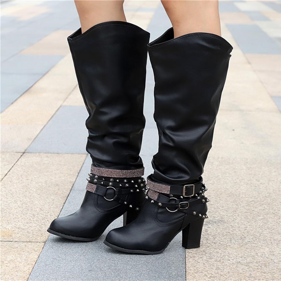 Women's Knee-High Boots - Leather Look - Block Heel - Decorative Straps with Studs