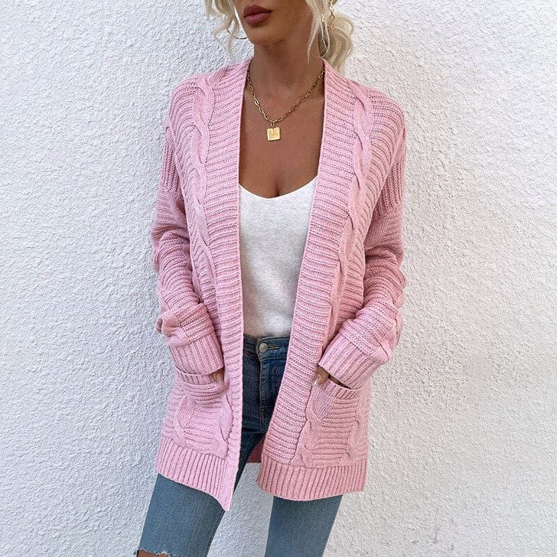 Women's Cardigan - Knitted Cable Knit - Open Front - Long Sleeved with Pockets