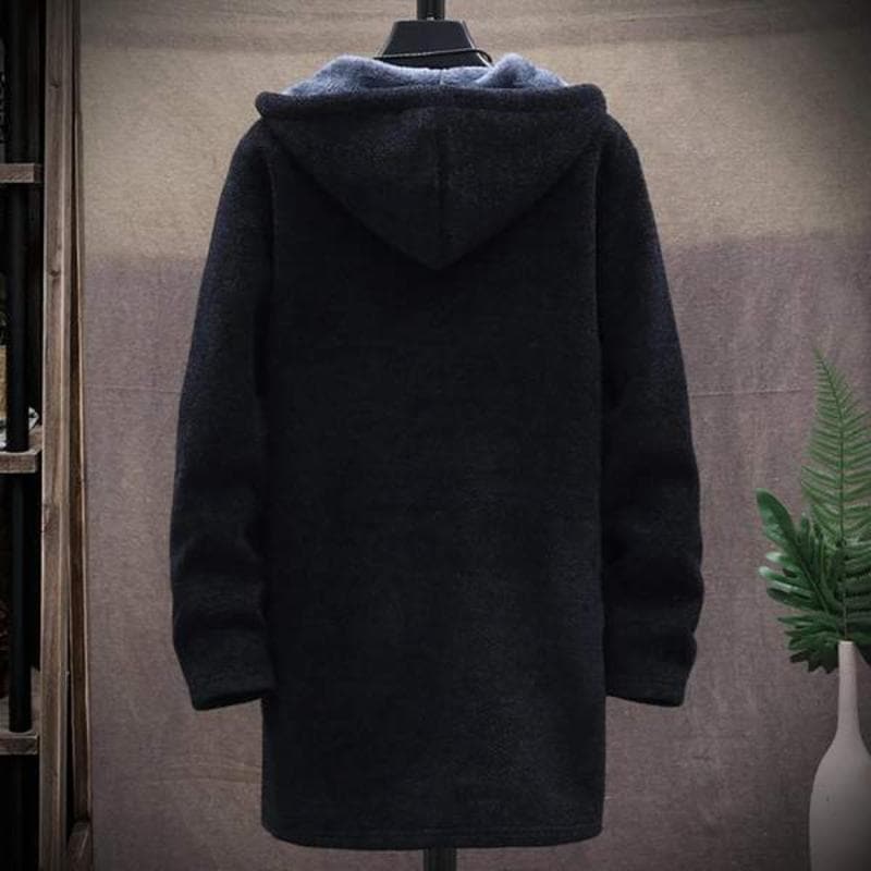 Men's Long Coat - Textured Fabric - Soft Lining - Drawstring Hood - Casual Fit