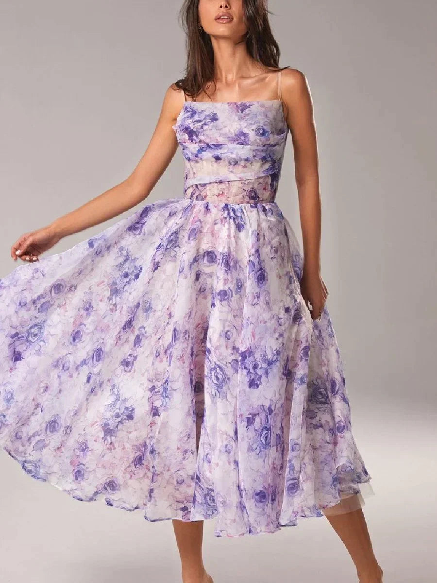 Kjole for dame – Midi lengde – Chiffon – A-linje passform – Spagettistropper – Blomsterprint