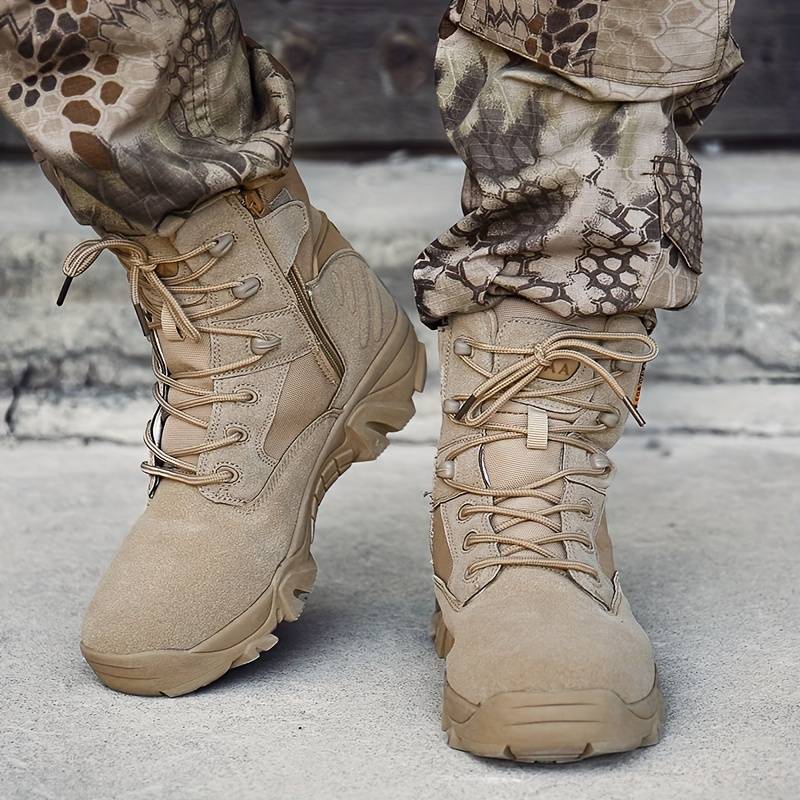 Men's Tactical Boots – Suede Leather – High Shaft – Non-Slip Sole – Lacing & Zipper