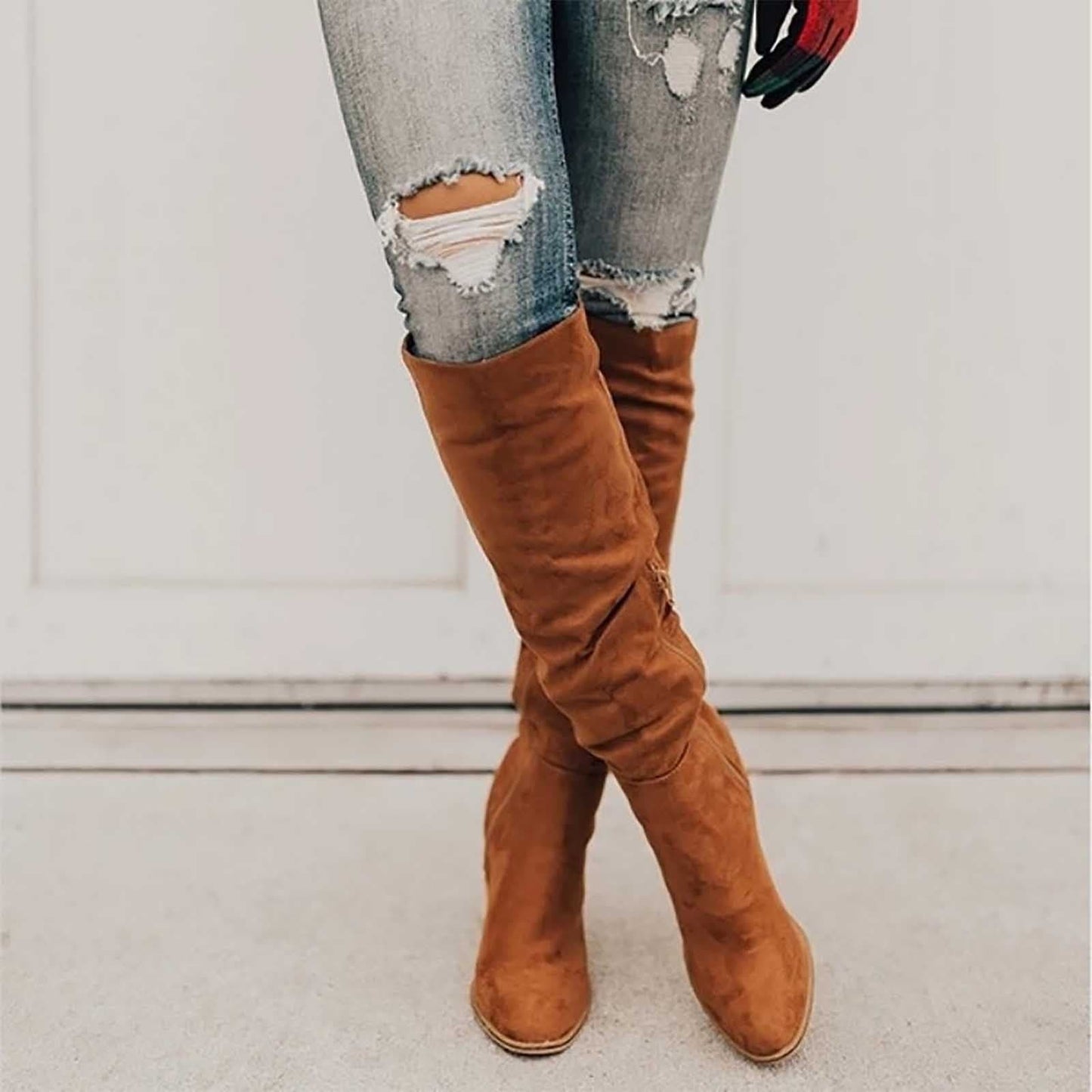 Women's Boots - Knee High - Soft Suede Leather - Block Heel - Pointed Toe - Pull-On