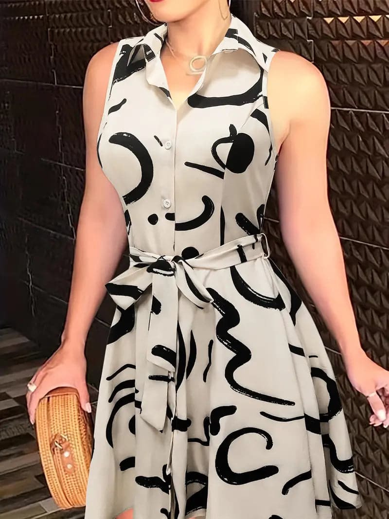Women's Shirt Dress - Sleeveless With Buttons - Midi Length - Adjustable Waist Belt