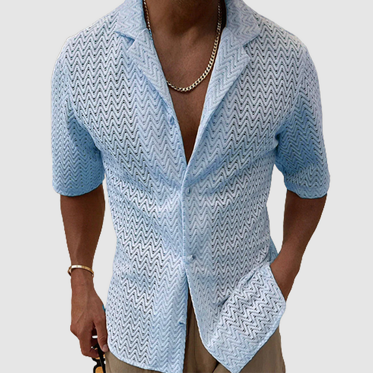 Men's Shirt - Short-Sleeved Knitted - Relaxed Fit - Textured Pattern