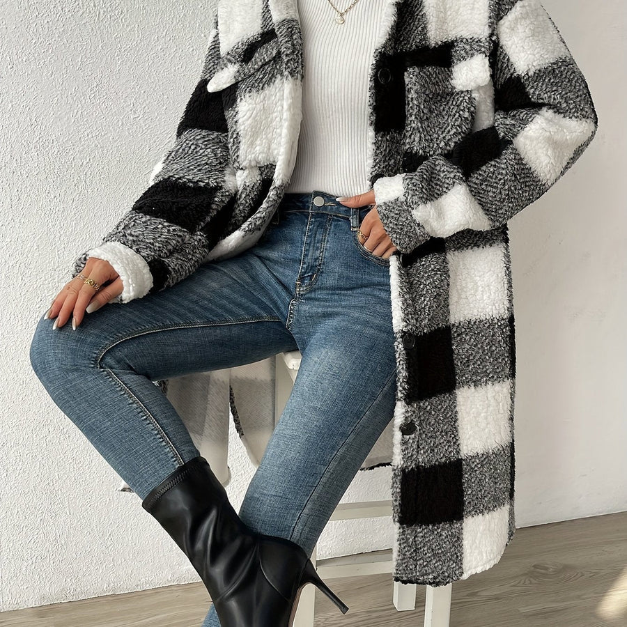 Women's Coat – Teddy Fleece – Oversized Fit – Checkered Pattern – Mid-Length
