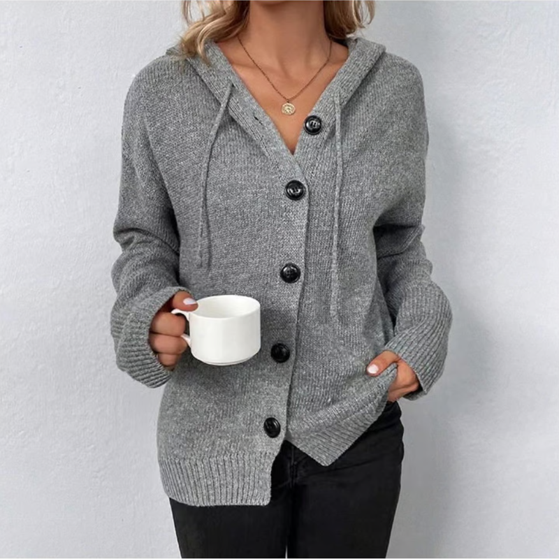 Women's Cardigan – Soft Knit – Oversized Fit – Button Closure – Hood – Ribbed Edges