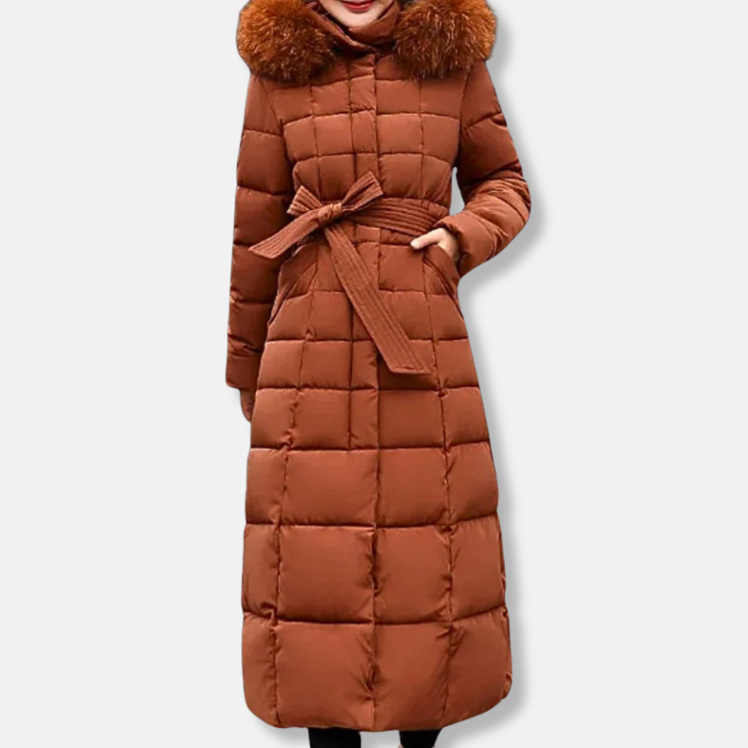 Women's Coat – Quilted and Insulated – Belt at the Waist – Lined Hood – Long Model