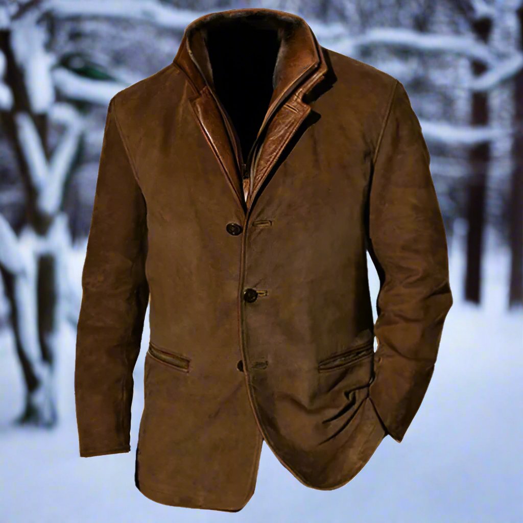 Men's Coat - Suede Look with Leather Details - Structured Fit - Button Closure