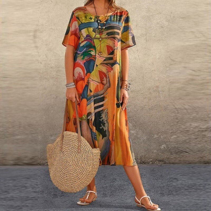 Women's Maxi Dress – Loose Fit – Round Neck – Short Sleeves – Abstract Pattern