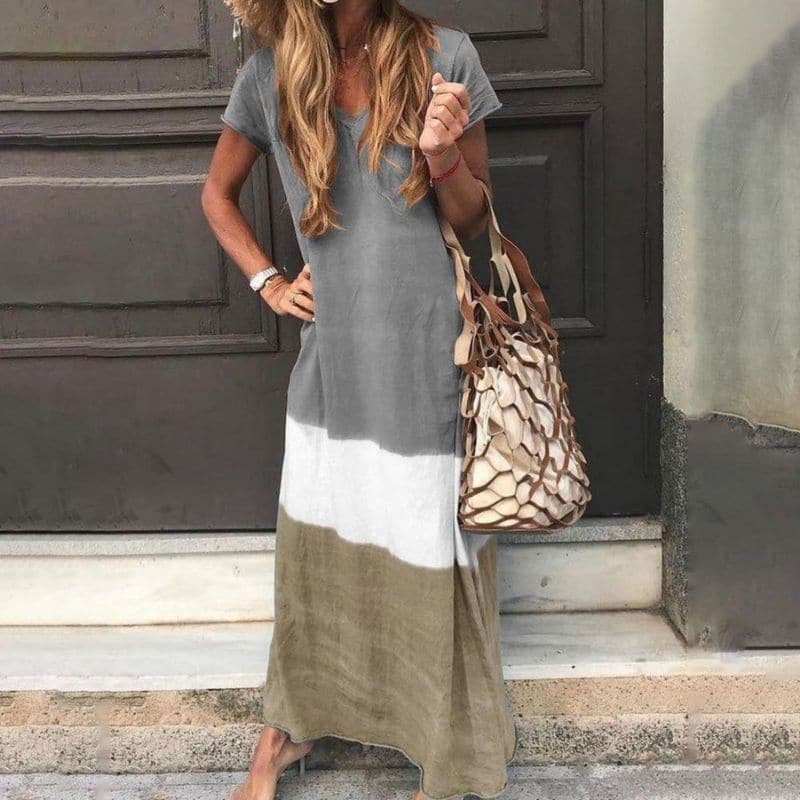 Women's Maxi Dress - Airy and Comfortable - Short-Sleeved with Color Blocks