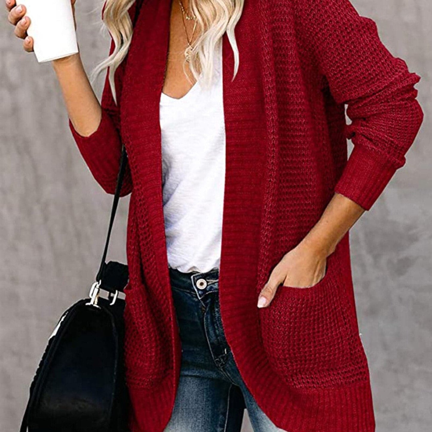 Women's Knitted Cardigan - Soft Fabric - Open Front - Relaxed Fit - With Pockets