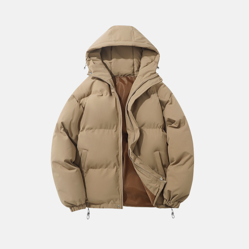Men’s Puffer Coat - Woven Synthetic - Relaxed Fit - Hip Length - Padded Hood