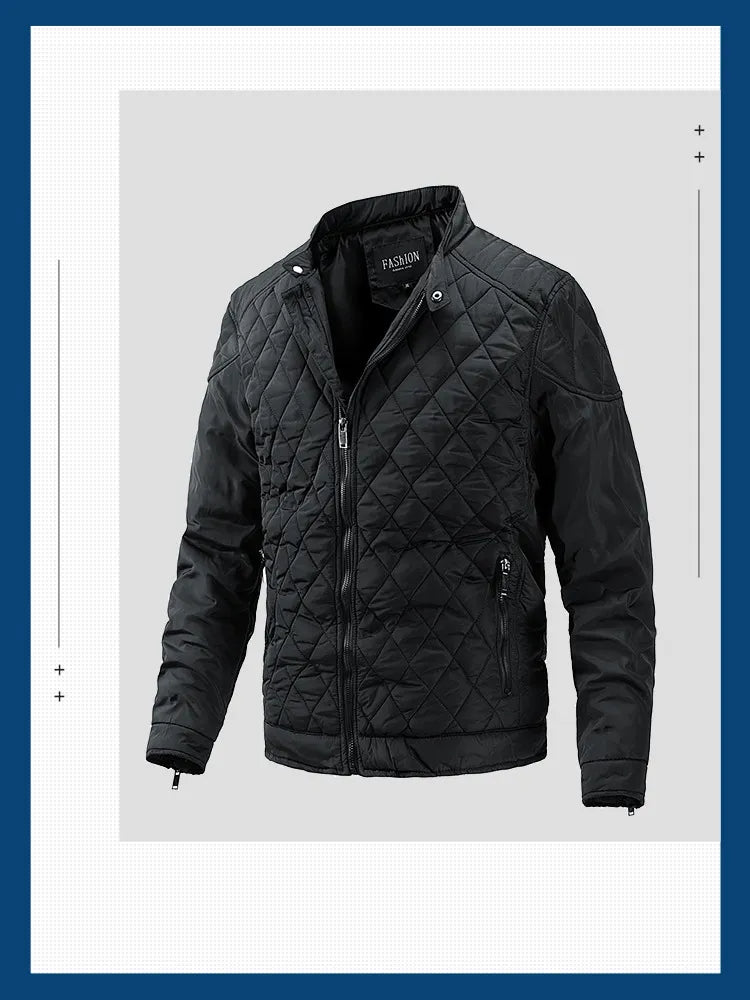 Men's Padded Jacket - Diamond Quilted - Stand Collar - Zipper Closure - Slim Fit