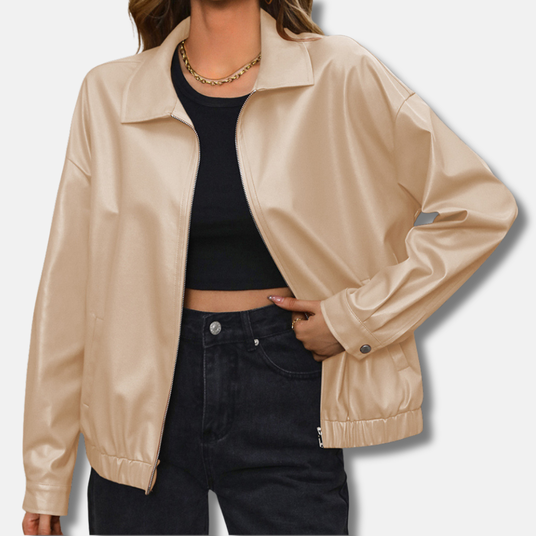 Women's Biker Jacket – PU Leather – Relaxed Fit – Short Length – Zipper – Snap Buttons