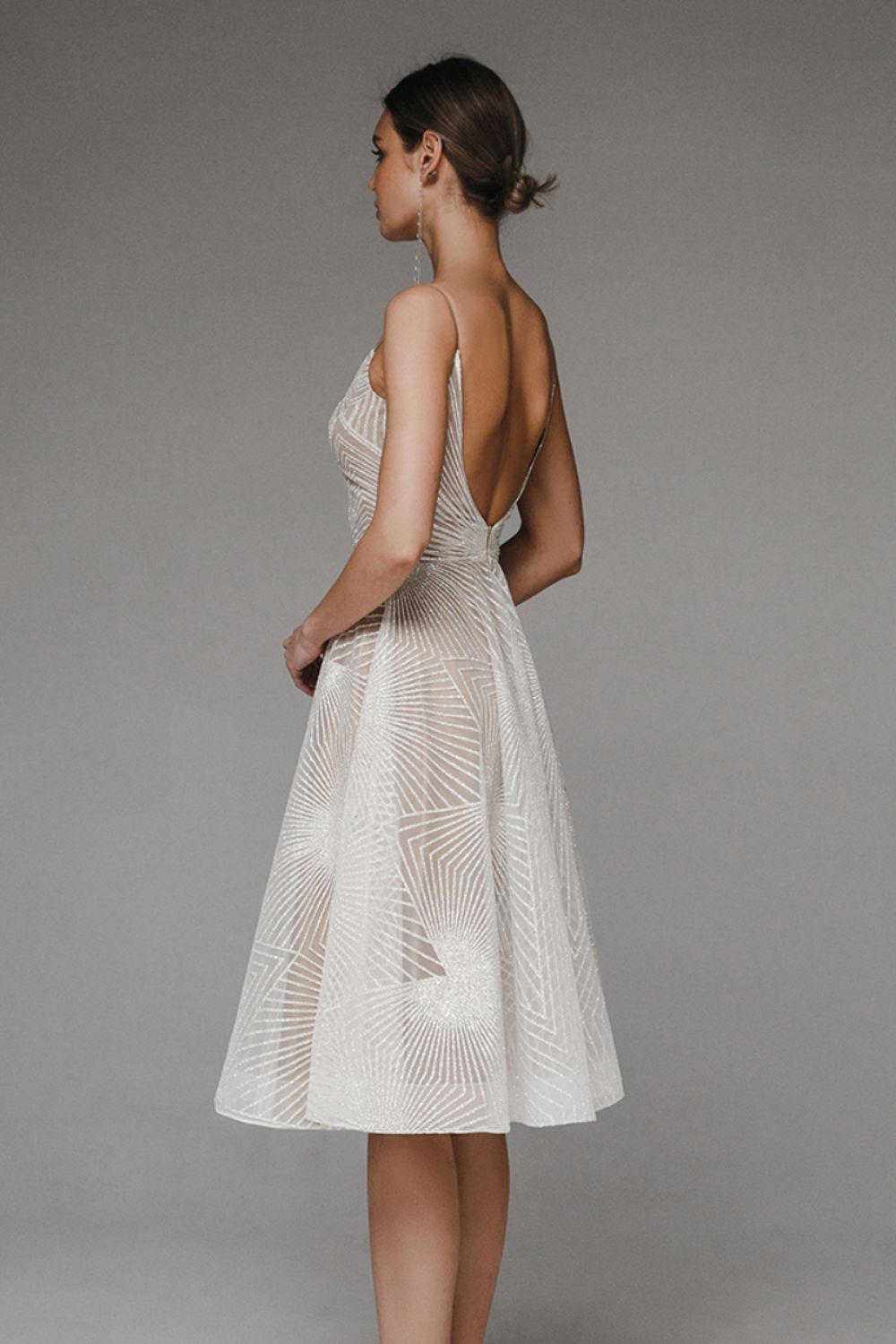 Dress woman – A-line fit – Chiffon with transparent overlay – Geometric pattern – Thin straps