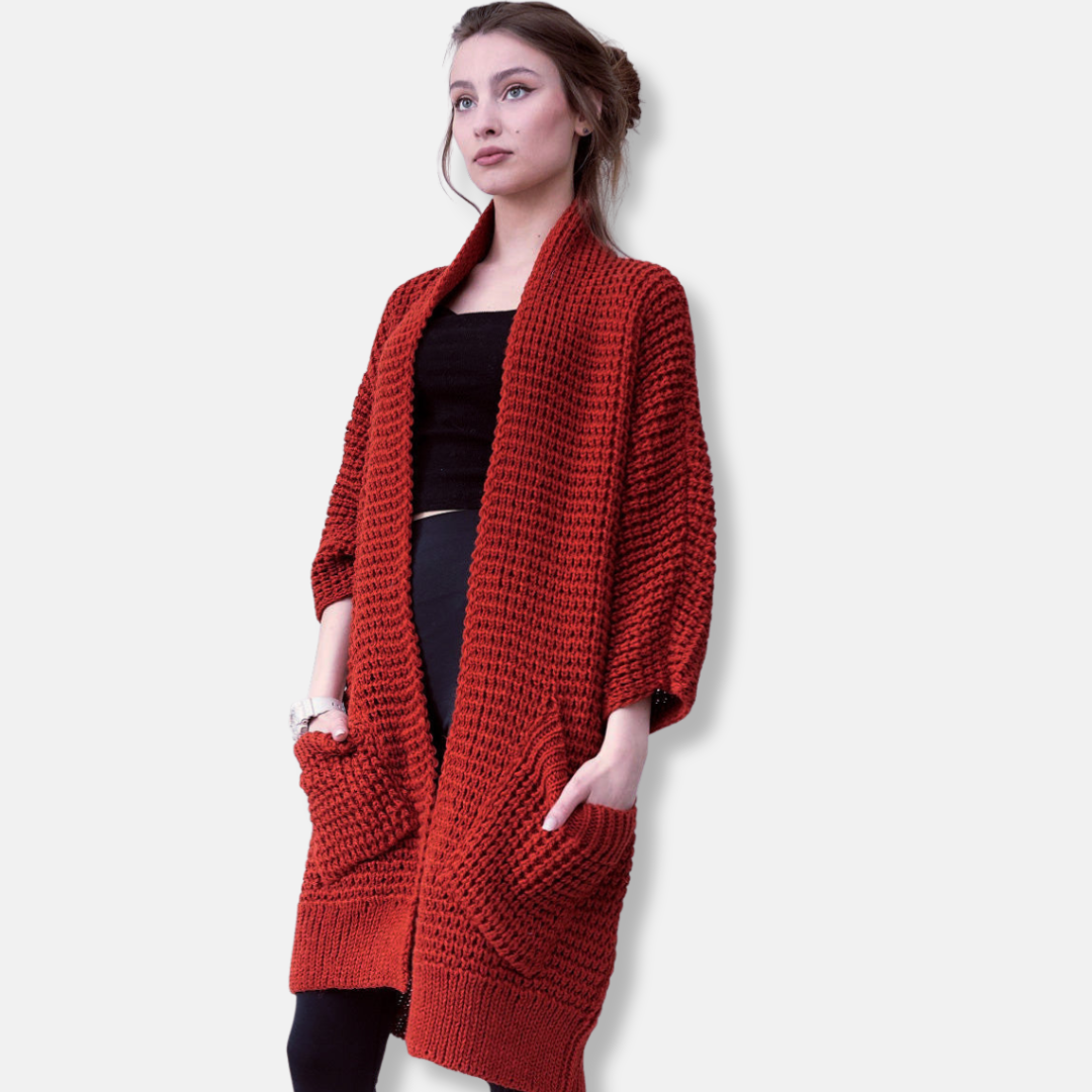 Women's Coat – Oversized Fit – Open Front – Chunky Knit Wool Blend – Pockets